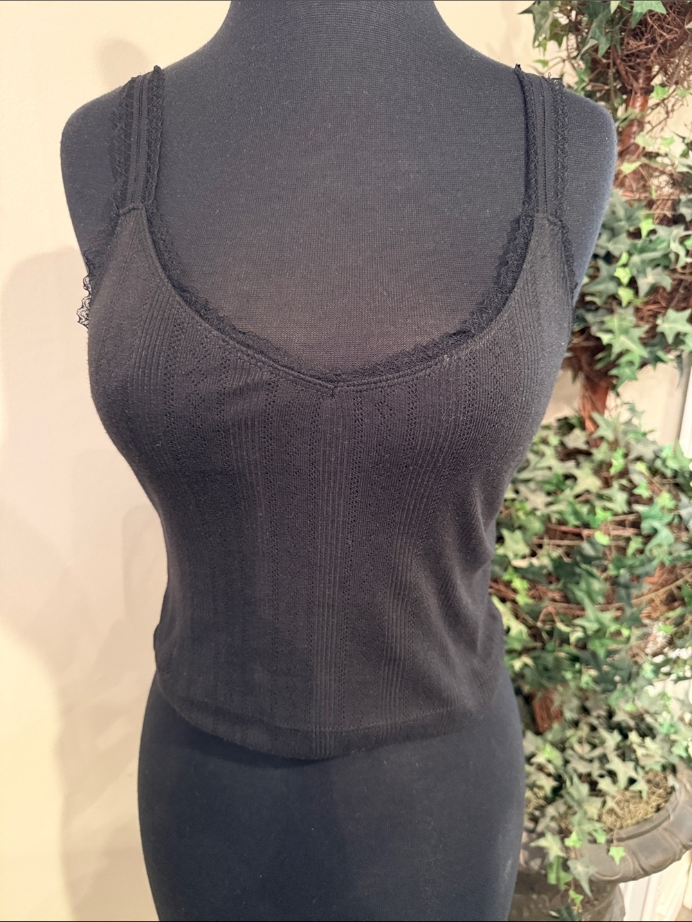 Black Lace-Trim Ribbed Tank Top - Size Medium